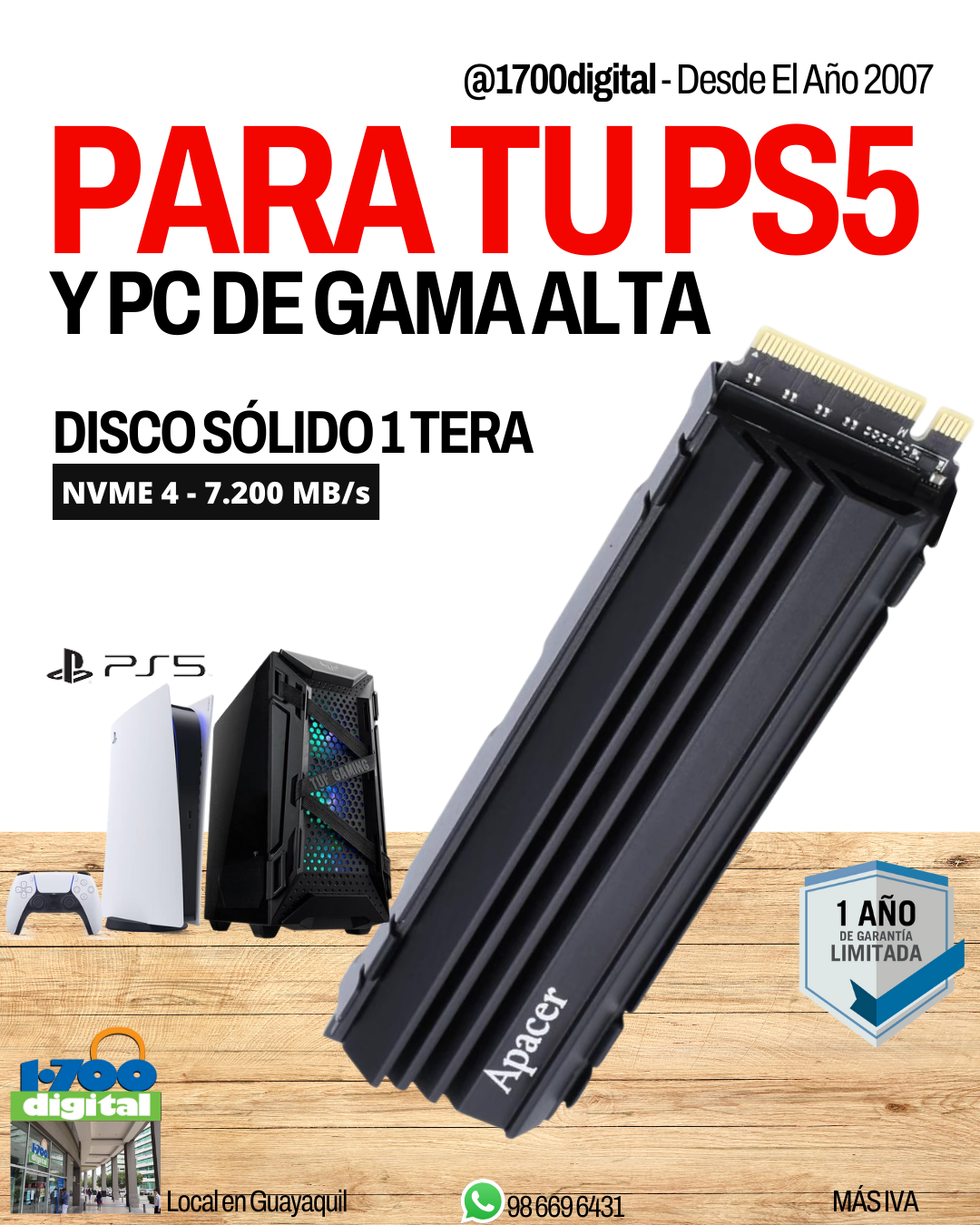 Disco Sólido SSD Para PS5 M.2 Nvme 1 Tera 7200MBs