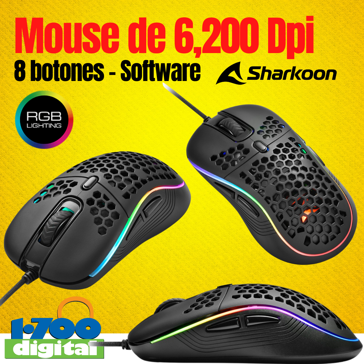 Mouse Gamer Sharkoon 6200dpi Light S RGB 8 Botones Raton USB