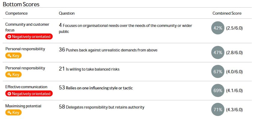 Reporting 7 BottomScoresTable Example 360 Degree Feedback Report