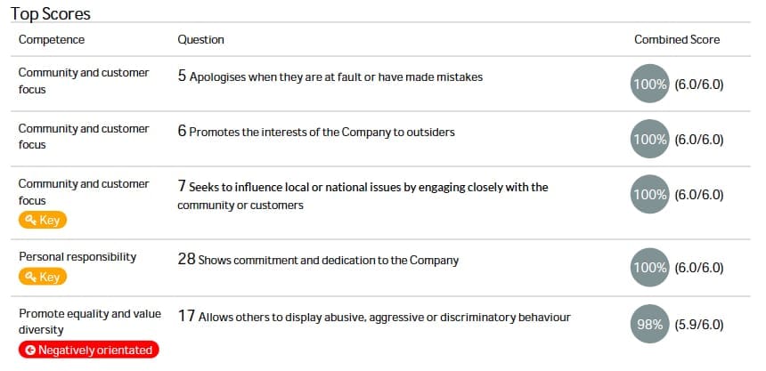 Reporting 6 TopScoresTable Example 360 Degree Feedback Report