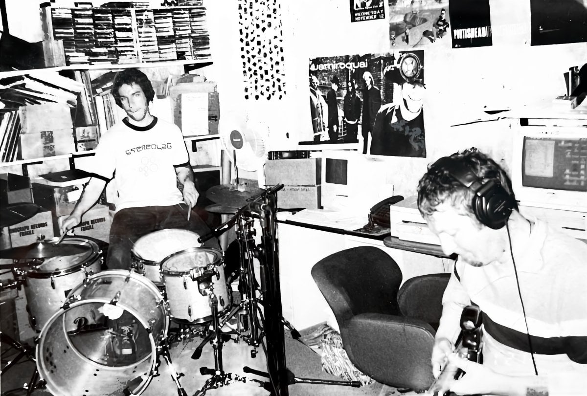 Eric Taylor of Seely on drums and Dave Allen on bass, at Eighth Dimension Studio in Orlando, Florida, 1998