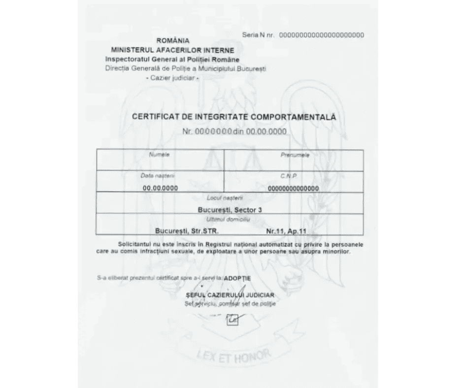 Un certificat românesc de integritate comportamentală eliberat de poliție, cu câmpuri de informații personale, ștampile oficiale și semnături de autorizare.