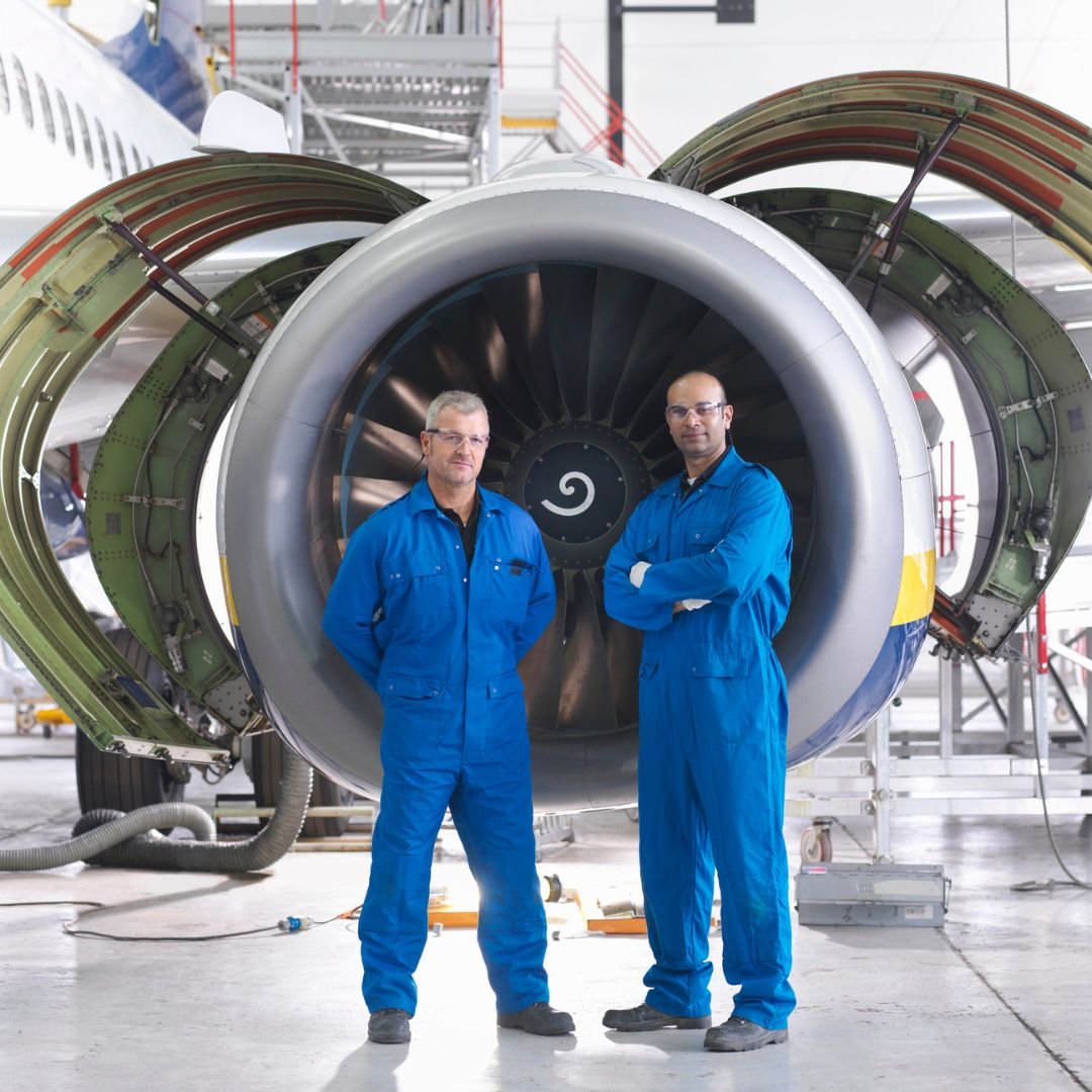 Aircraft Engineers Aircraft engineers in front of a 737 jet engine.