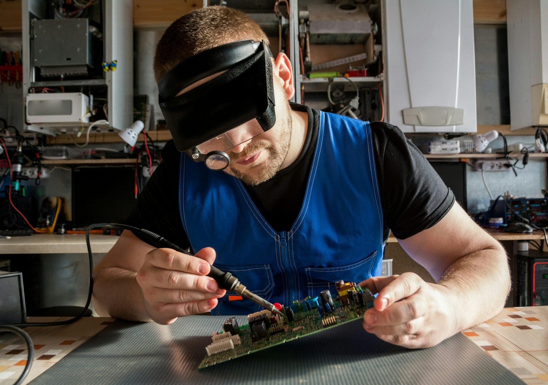 Electrical engineer soldering Electrical engineer using a soldering iron on a PCB.