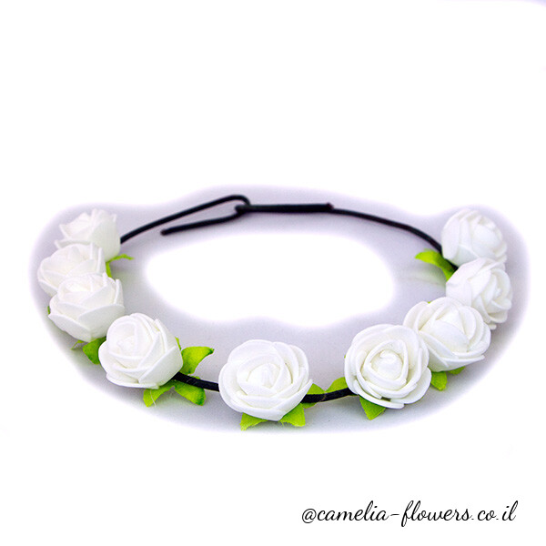 A flower headband with green leaves for delivery.