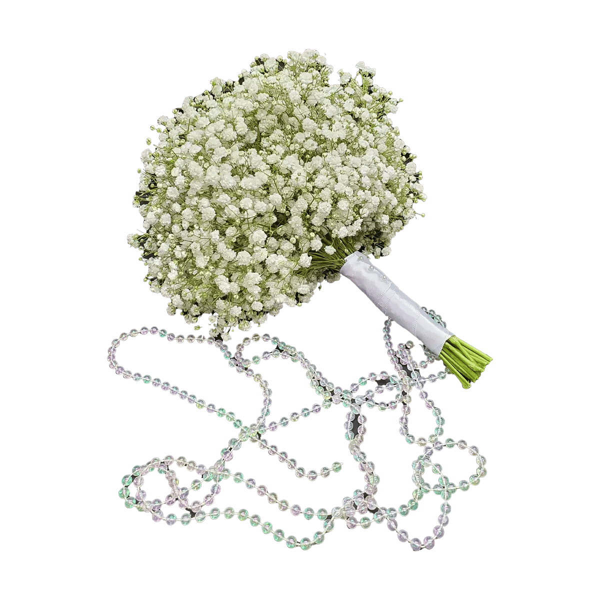 A bouquet of baby's breath and pearls for delivery.