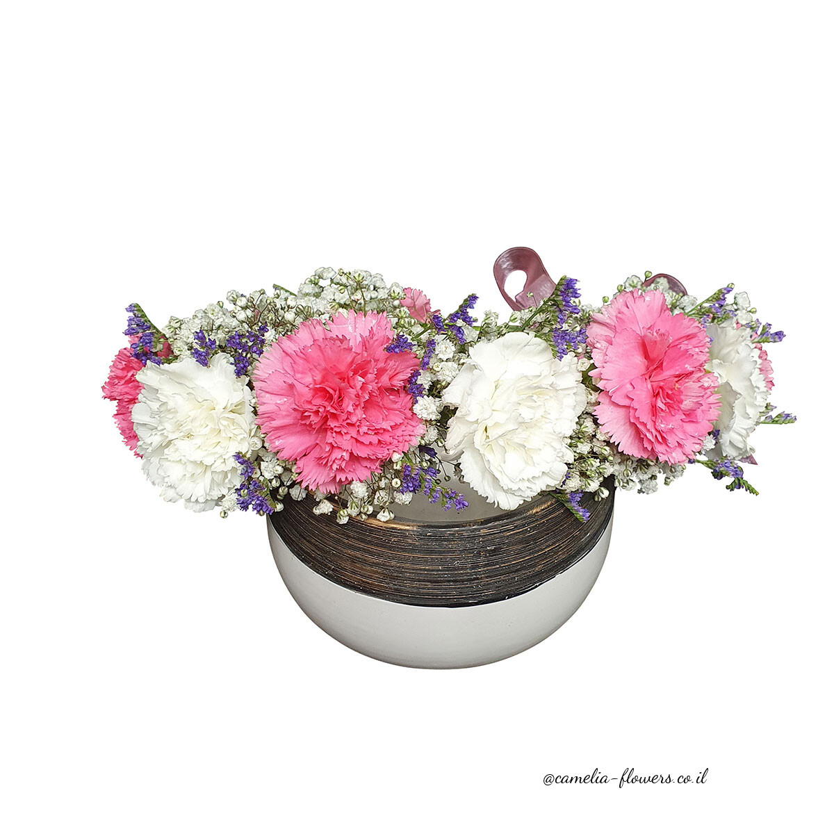 Delivery of a bouquet of white and pink carnations from a flower shop.