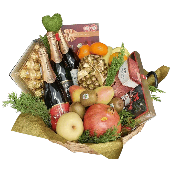 A basket filled with fruit and champagne available for Композиция подарочная delivery.