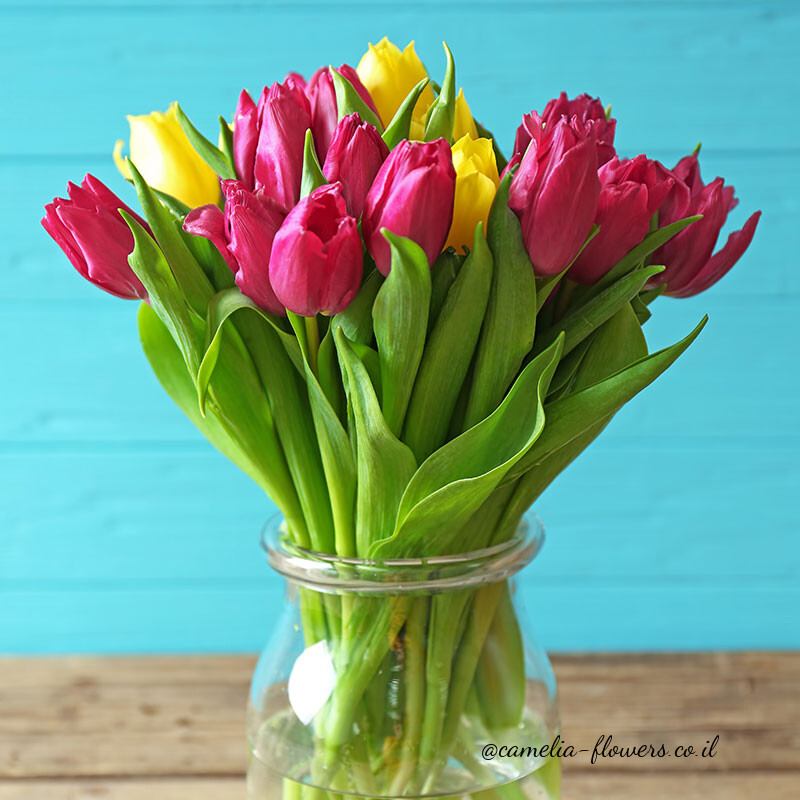 Tulips in a glass vase on a wooden table, available for delivery from a flower shop.