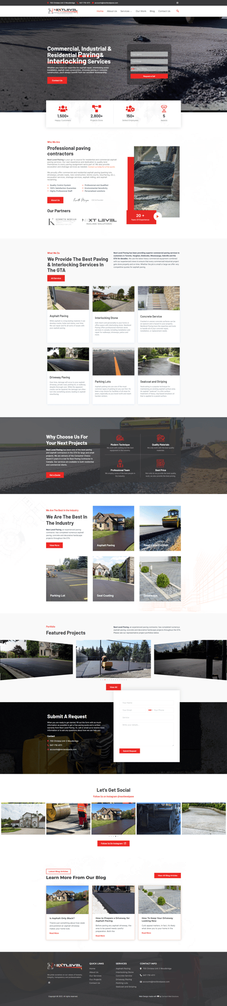 Screenshot of a construction company's website homepage showcasing project images, unique offerings and location services, a contact form, and navigation links for services and projects.
