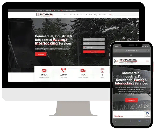 A mobile phone and computer screen displaying a website for a construction company, developed by CertTech Web Solutions.