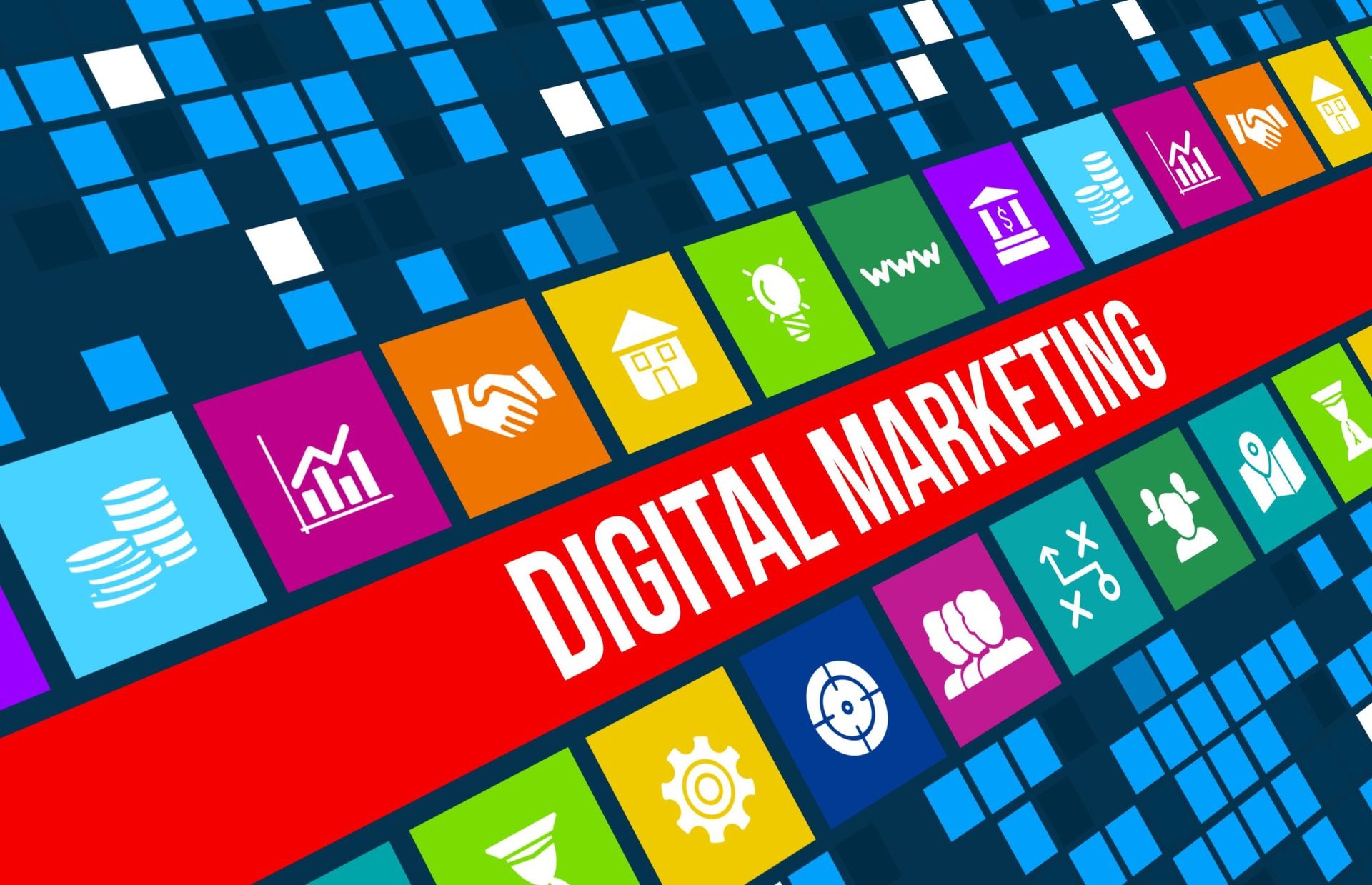 A red banner displaying the phrase "digital marketing" prominently, perfect for a start-up.