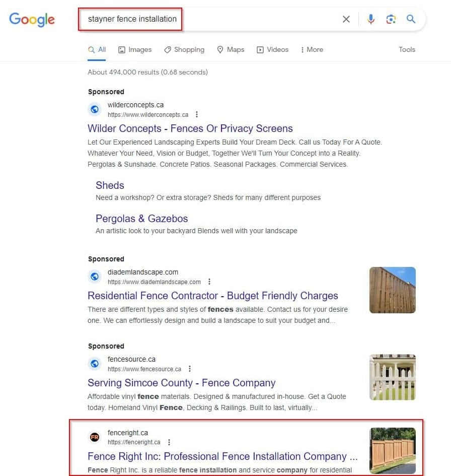 A Google search for a fence company in Barrie.