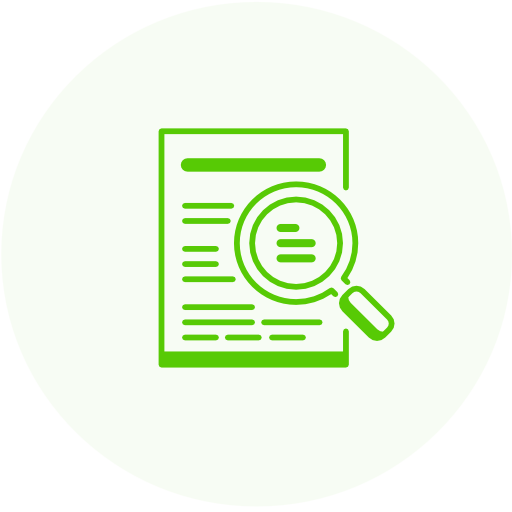 A green SEO icon with a magnifying glass over a document.