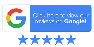 A blue box with the Google logo states, "Click here to view our reviews on Google!" Below, there are five blue stars indicating a five-star rating. Feel at home while exploring what others say about us.