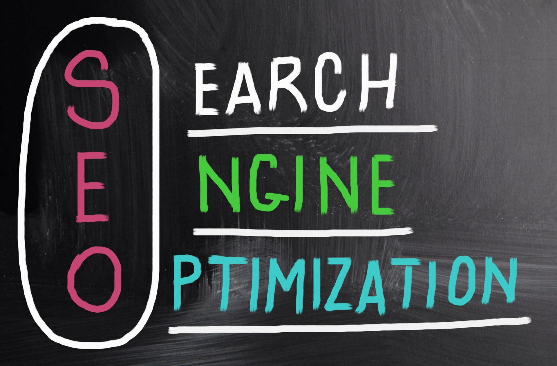 A single person stands before a chalkboard with "Search Engine Optimization" written on it. Each initial is vertically highlighted in pink within an oval outline, effectively emphasizing the acronym SEO.