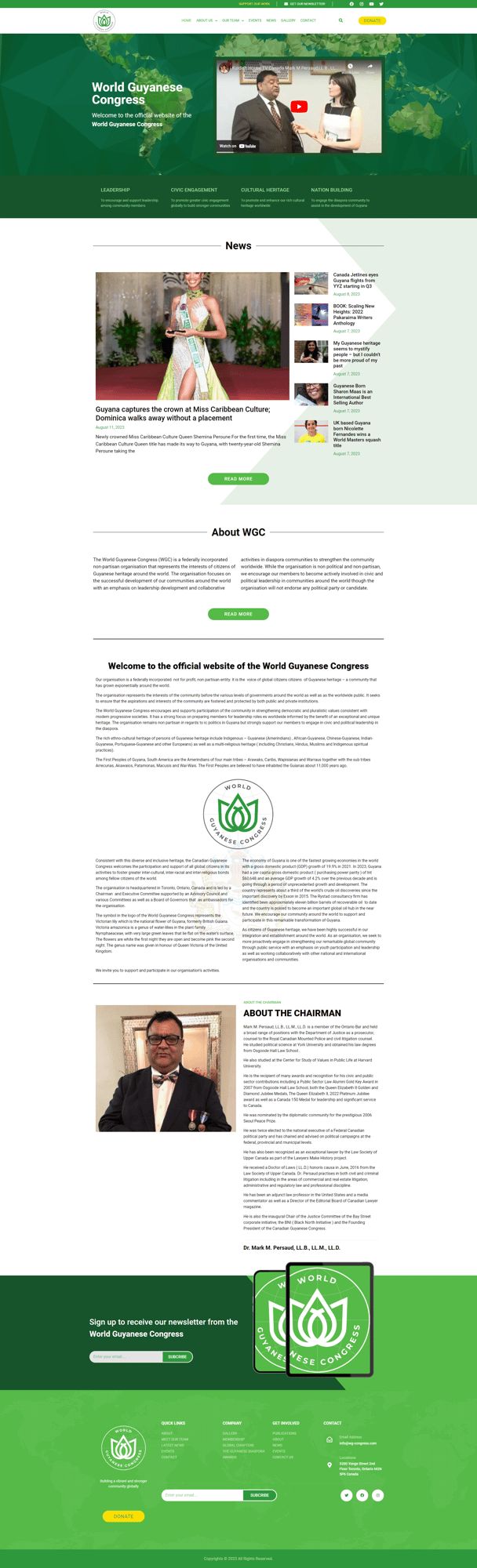 A website with a green and white design for the World Guyanese Congress.
