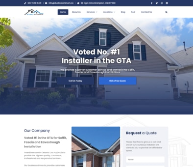 A modern home website with a blue background.