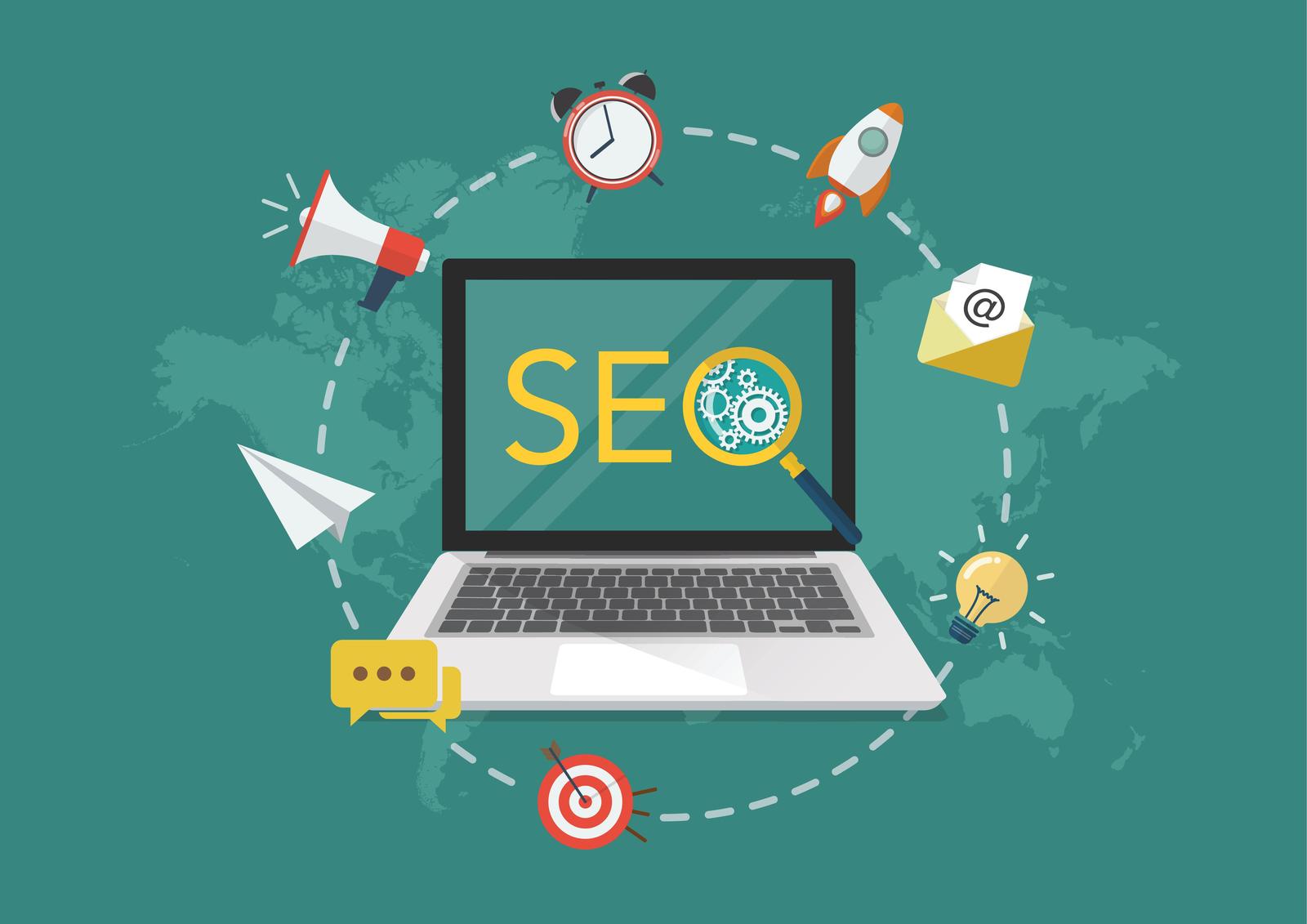 Illustration of a laptop displaying "SEO" with icons of a clock, megaphone, email, rocket, and chat envelope it. This ensemble symbolizes profitable digital marketing and optimization concepts on a green background.