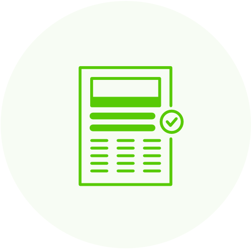 A green document icon with a check mark on it, representing successful completion in Barrie SEO services.