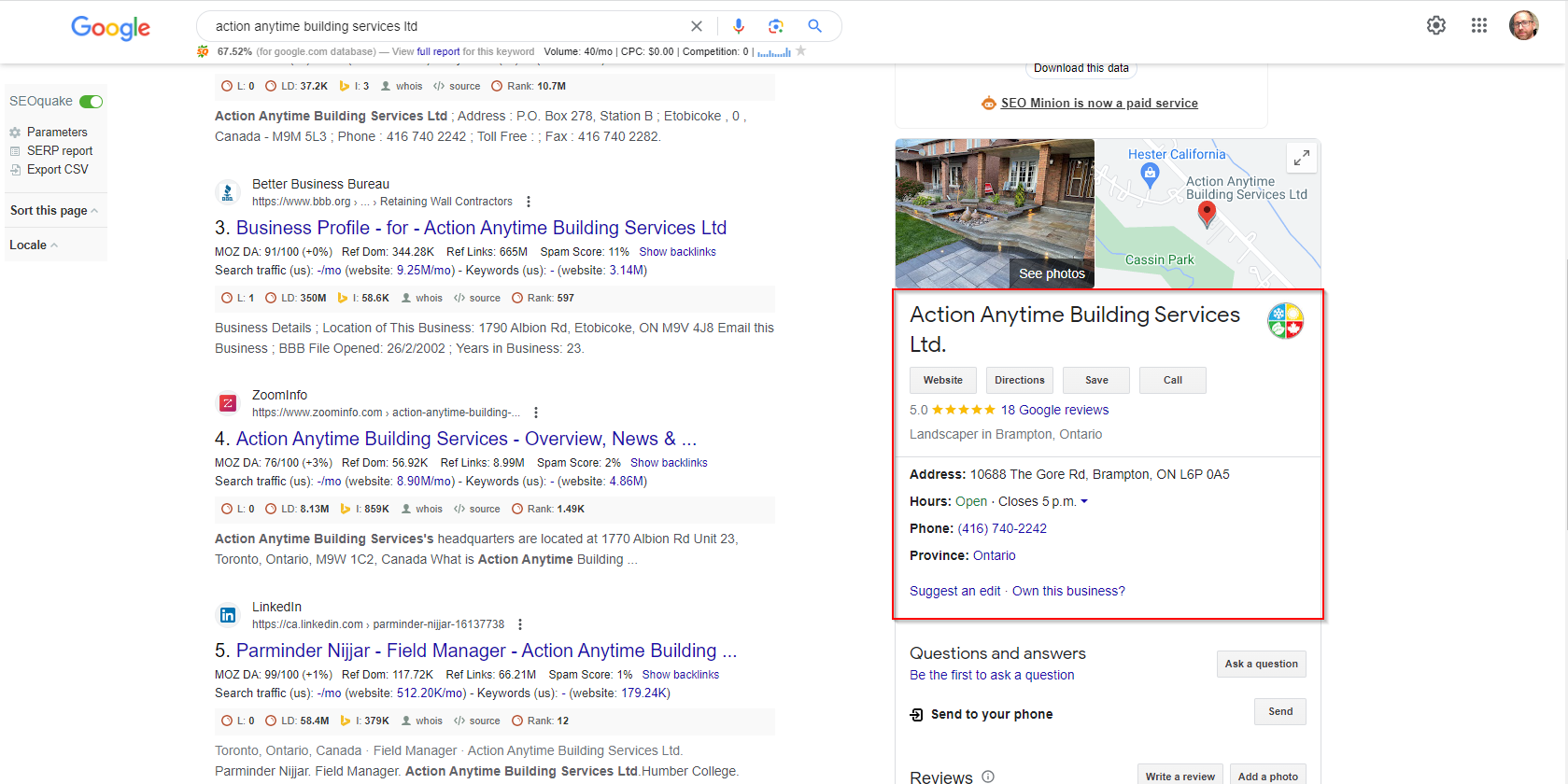 A google search for Barrie SEO building service.