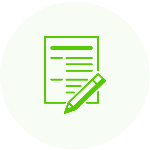 A green icon of a document with a pen in it, representing copywriting.