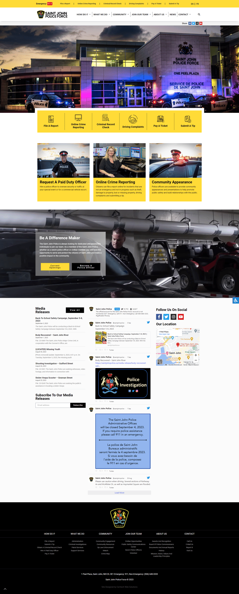 A website showcasing the Saint John Police Force with a yellow and black background.