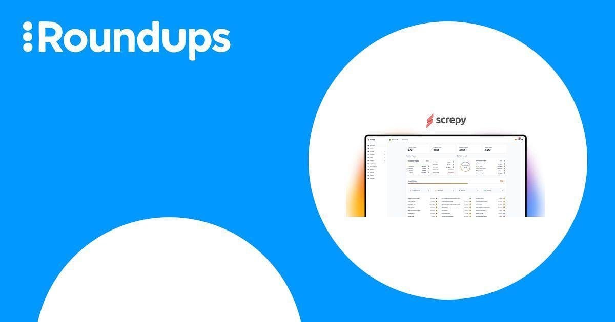 A laptop displaying a dashboard with the Screpy logo on a blue and white background with the title "Roundups.
