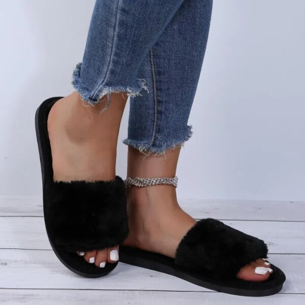 Claquette Fourrure Noir Femme 1