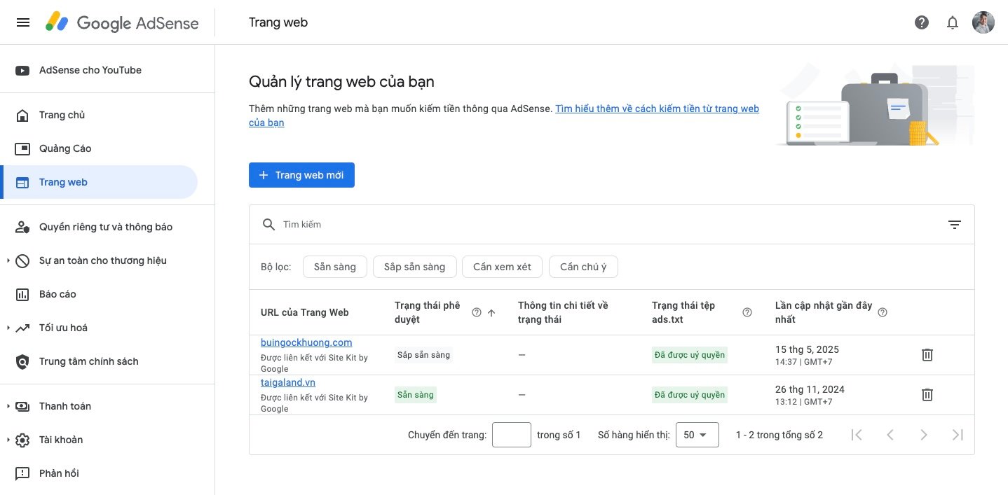 Website được Adsense chấp thuận