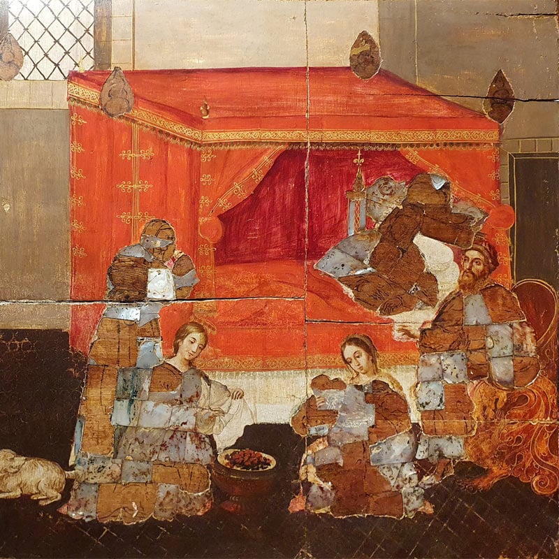 Nacimiento de la Virgen. Escuela virreinal, siglo XVII. Enconchado