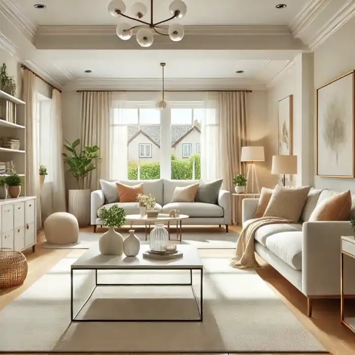 A neatly organized and decluttered living room staged for a home sale.