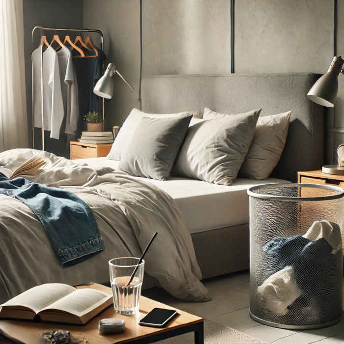 A cozy bedroom with a made bed, a nightstand with a book and glass of water, and a laundry hamper, representing effortless cleaning habits.