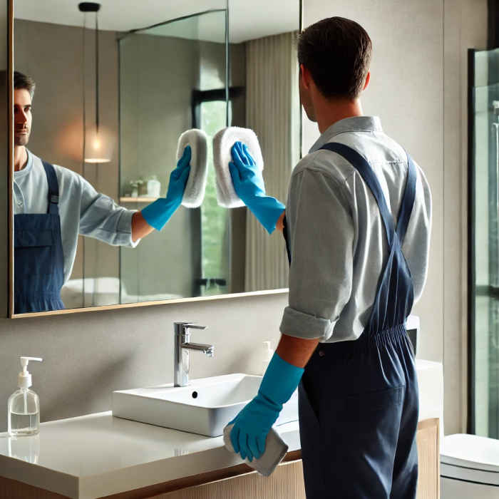 A professional cleaner following a top-down cleaning checklist for an efficient clean.