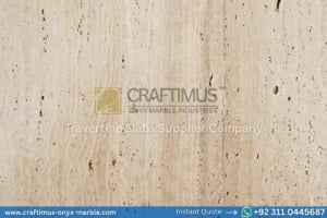 Stacked beige travertine stone slabs