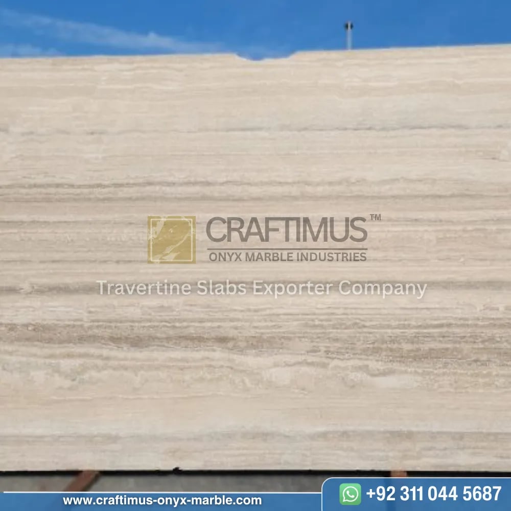 Silver Travertine Slabs Stacked in Factory