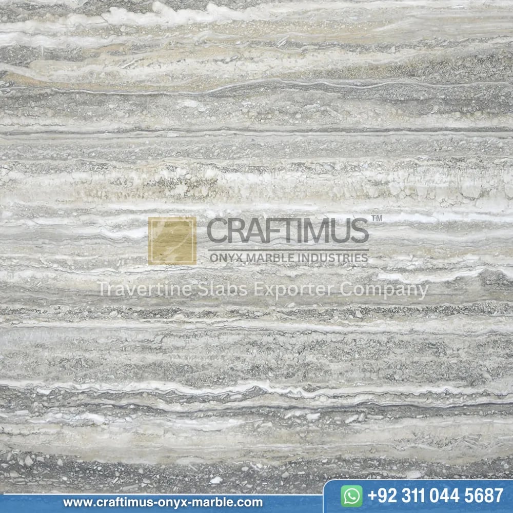 Silver Travertine Slabs Stacked in Factory