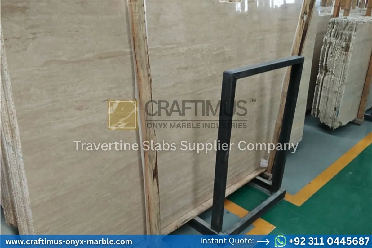 Stacked beige travertine stone slabs