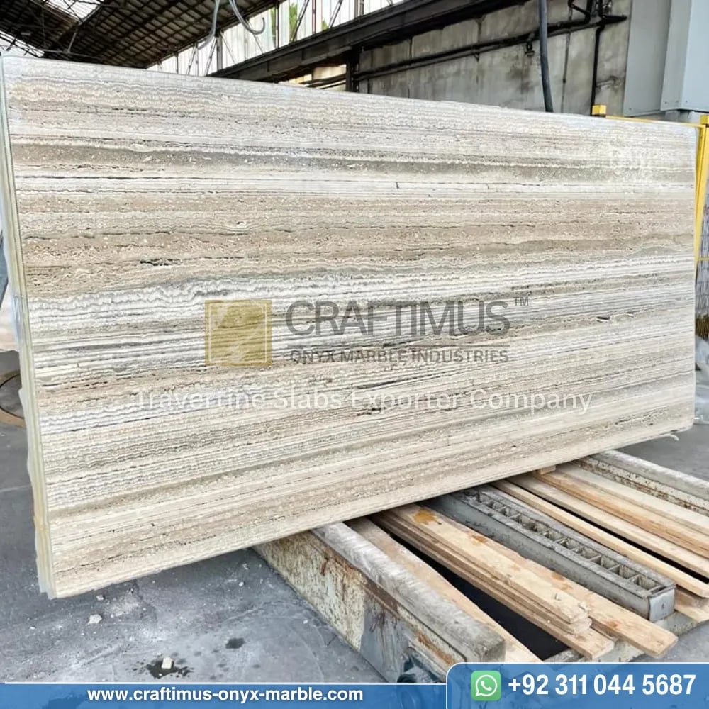 Silver Travertine Slabs Stacked in Factory