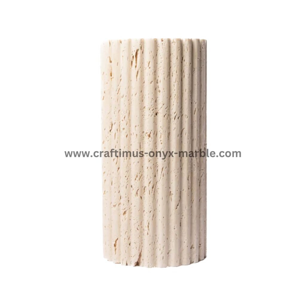 Handcrafted travertine stone vase made in Pakistan for home decor and interior design.