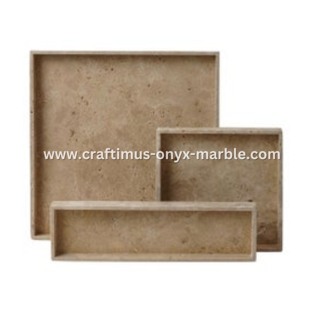 Elegant handcrafted travertine square tray with natural stone texture and unique color variations, perfect for serving, organizing, or decorating home spaces.