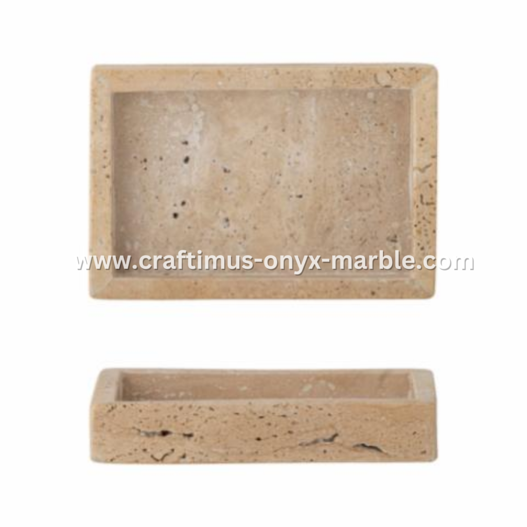 Elegant handcrafted travertine square tray with natural stone texture and unique color variations, perfect for serving, organizing, or decorating home spaces.