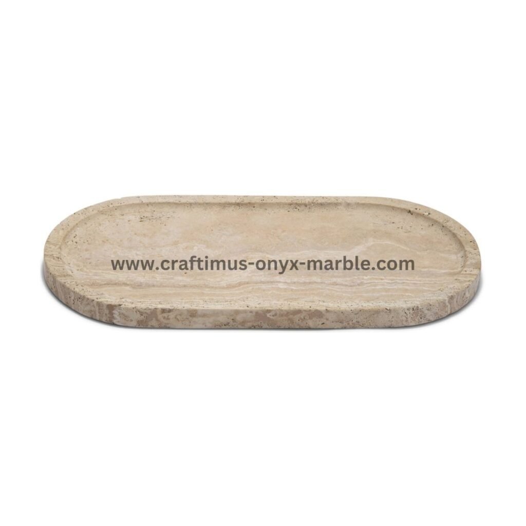 Handcrafted travertine stone tray made in Pakistan for home decor and interior design.