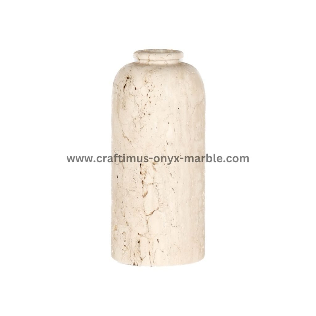 Handcrafted travertine stone vase made in Pakistan for home decor and interior design.