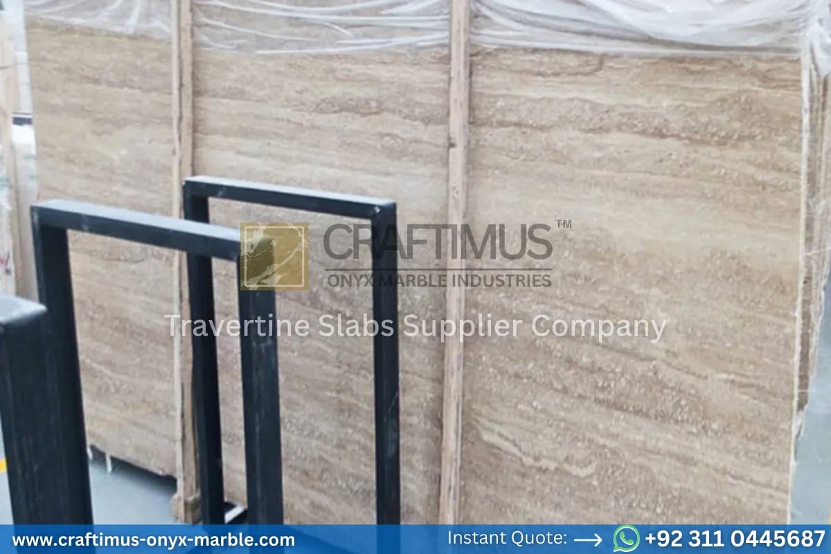 Stacked beige travertine stone slabs