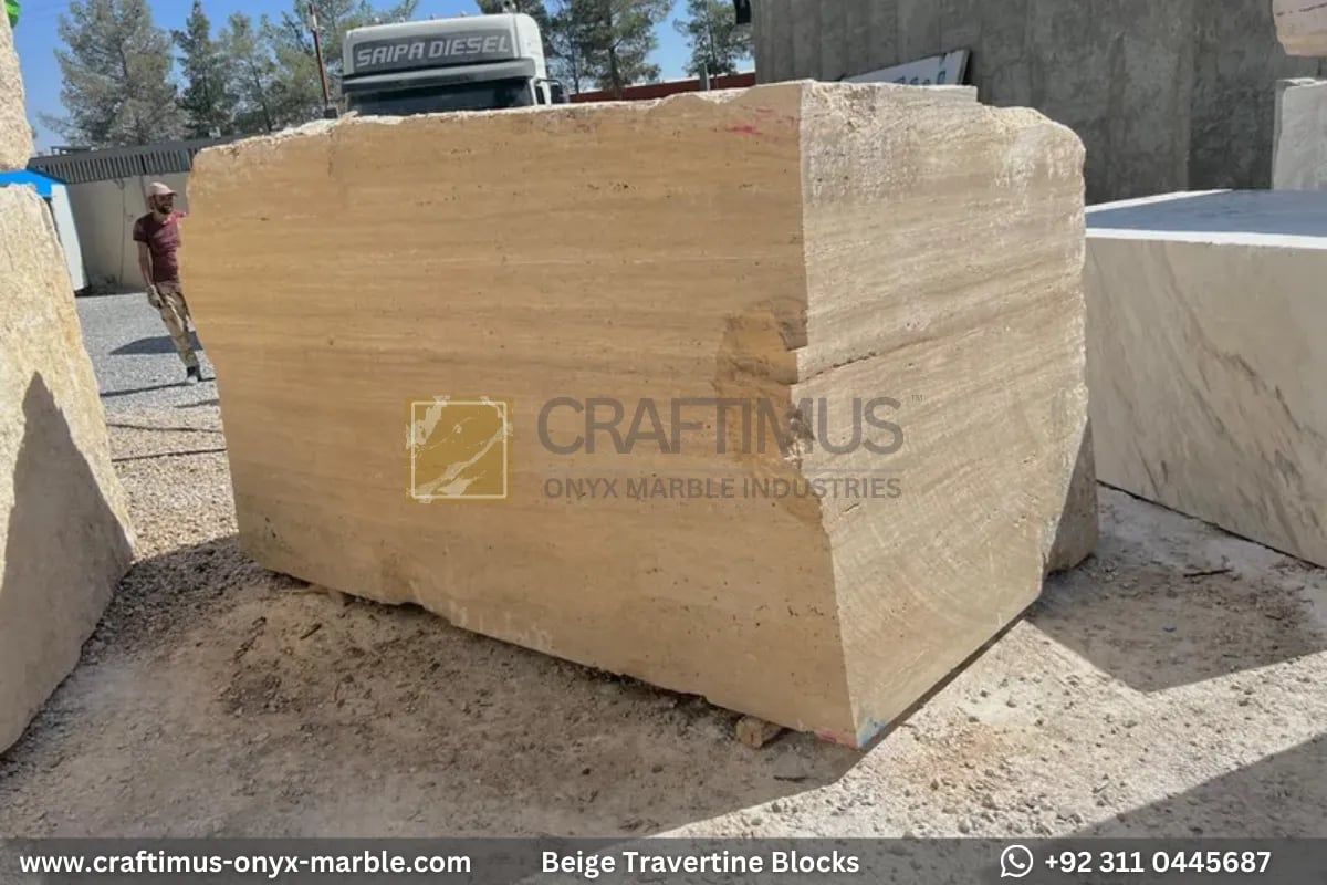 Classic Beige Travertine Blocks at a factory in Pakistan in background