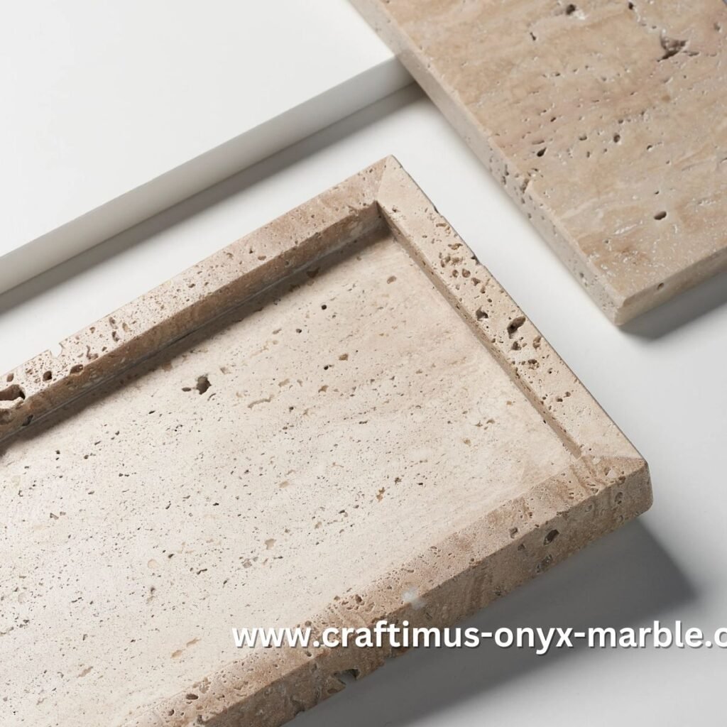Handcrafted travertine rectangular tray with a textured natural stone surface and visible organic holes, designed as a multipurpose decorative platter for serving food, organizing bathroom essentials, or holding accessories on dining tables, kitchen counters, or vanity spaces.