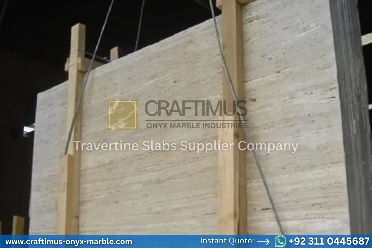 Stacked beige travertine stone slabs