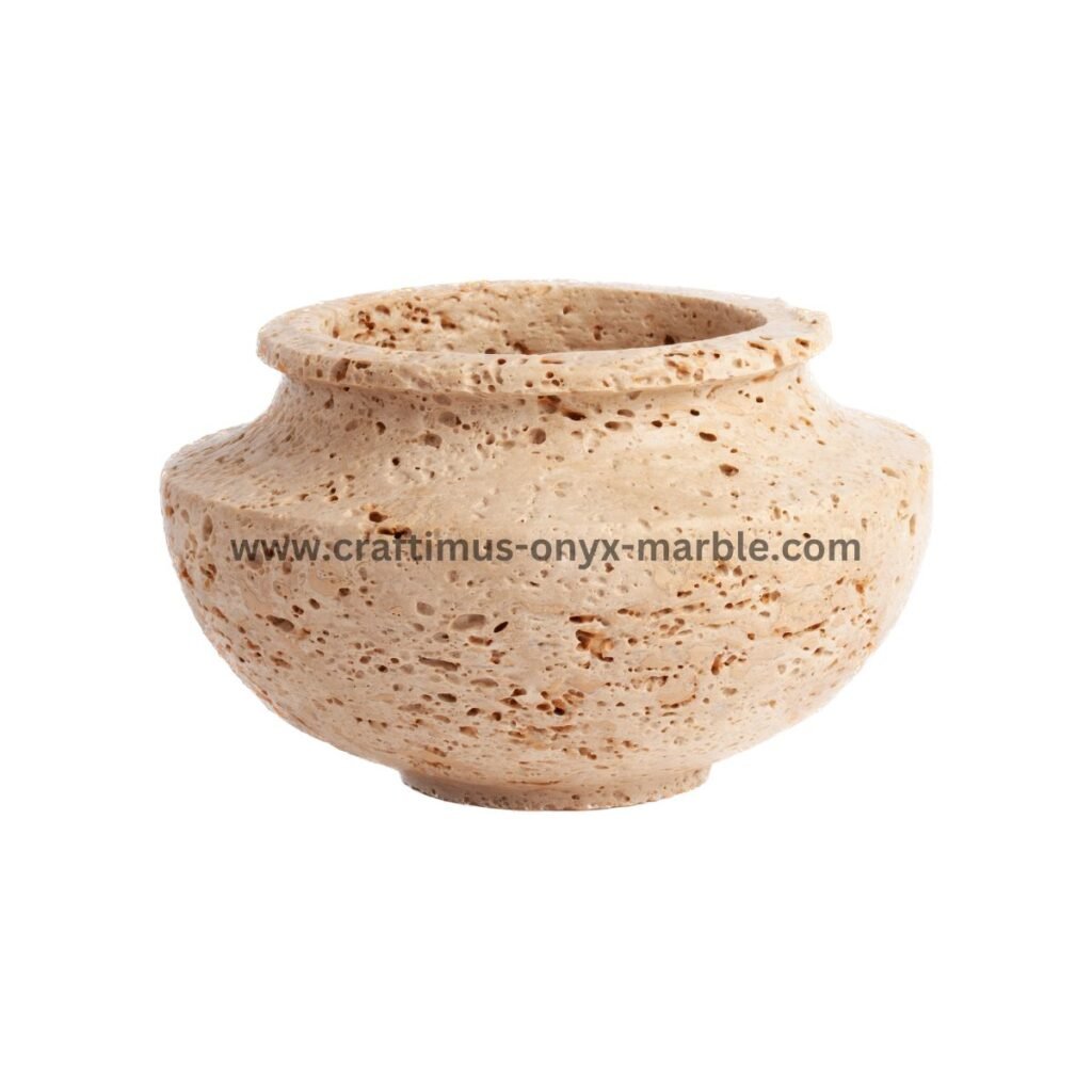 Handcrafted travertine stone vase made in Pakistan for home decor and interior design.