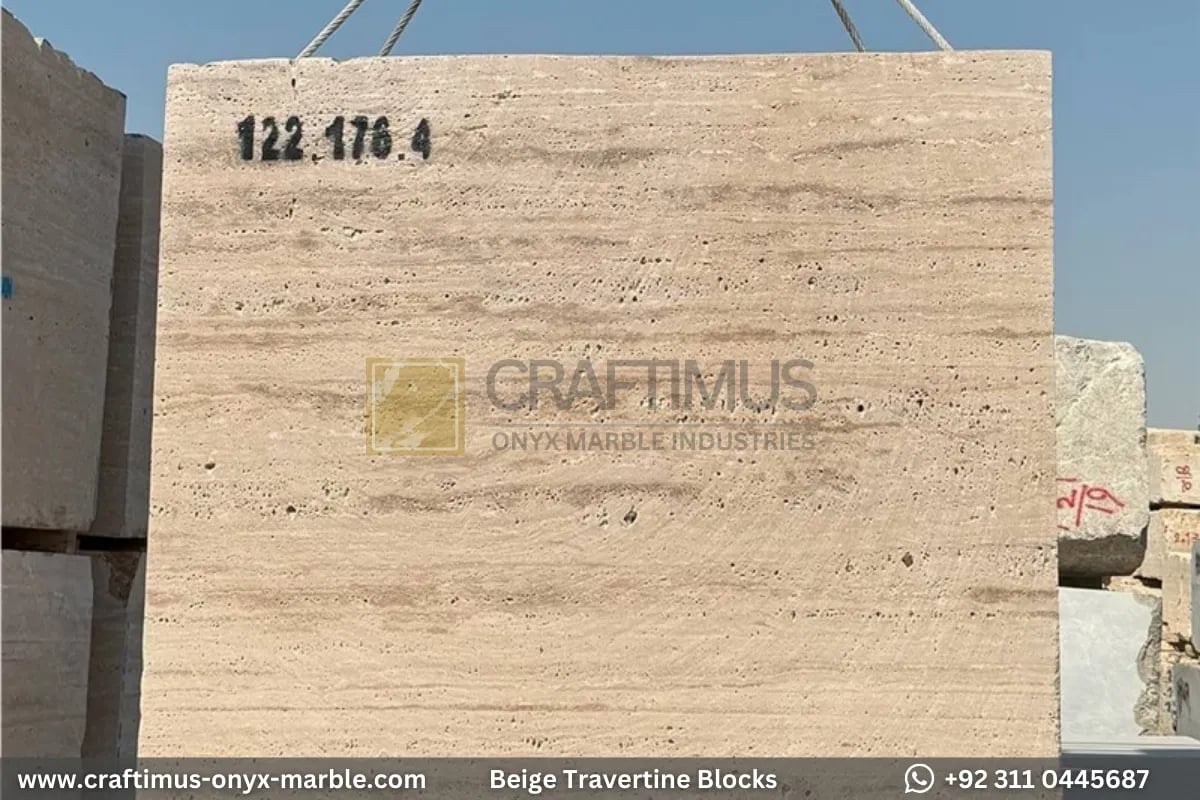 Classic Beige Travertine Blocks at a factory in Pakistan in background